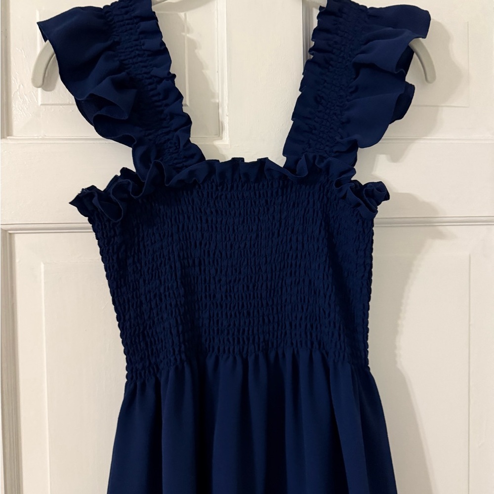 Hill House Midnight Navy Ruffle-Shoulder Midi Dress